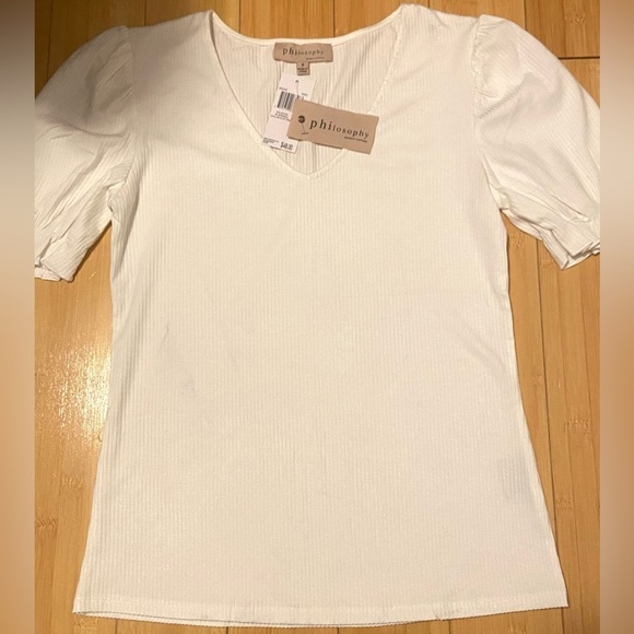 Philosophy Tops - Philosophy Ribbed Puff Sleeve V-Neck Top White Size Small NWT
